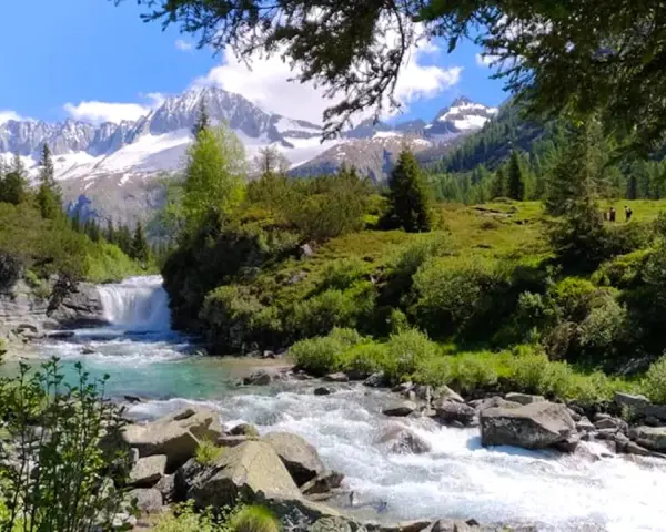 Un torrente impetuoso scorre tra rocce e vegetazione lussureggiante nel **Val di Fumo**, con montagne innevate sullo sfondo.