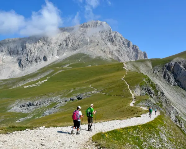 Escursionisti su sentiero ghiaioso, godendosi un **trekking più giorni Dolomiti** con vette imponenti e prati verdi.