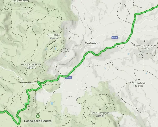 Mappa del sentiero Italia che attraversa boschi e montagne, da Ficuzza a Cefalù Diana, passando per Godrano.