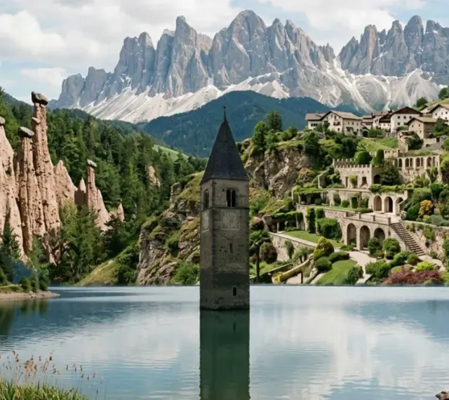 Torre sommersa nel lago di Resia, Trentino Alto Adige, con le piramidi di terra e le Dolomiti sullo sfondo.