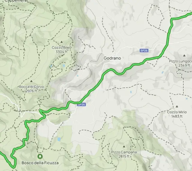 Mappa del sentiero Italia che attraversa boschi e montagne, da Ficuzza a Cefalù Diana, passando per Godrano.