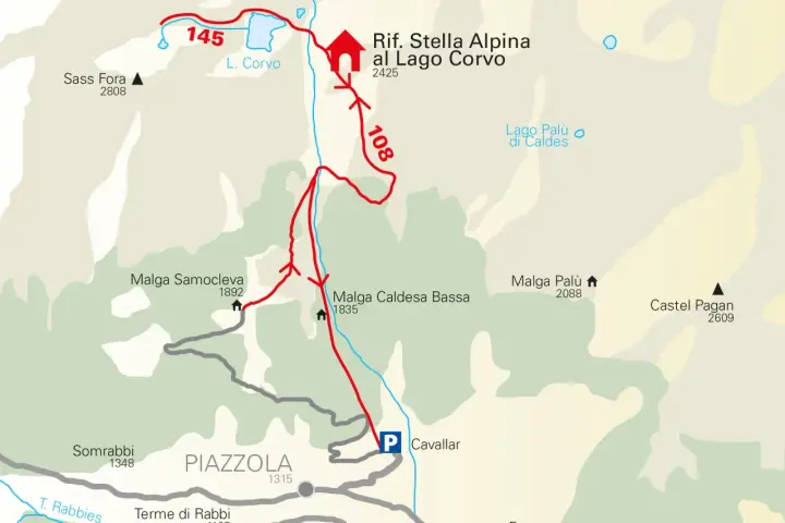 Sentiero 145 e 108 conducono al Rifugio Stella Alpina al Lago Corvo. Vicino si trova il Lago Palù di Caldes.