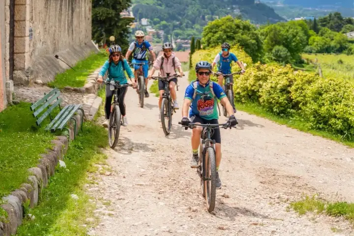 Gruppo di ciclisti su sentiero sterrato, godendosi gli eventi Trentino in un paesaggio verdeggiante.