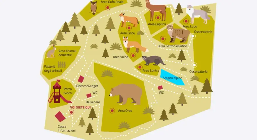 Mappa illustrata del **Spormaggiore parco** con aree dedicate a volpi, lupi, orsi, lontre, caprioli, gatti selvatici, gufi reali, linci, animali domestici e una fattoria. Include parco giochi, ristoro, osservatori e stagno alpino.