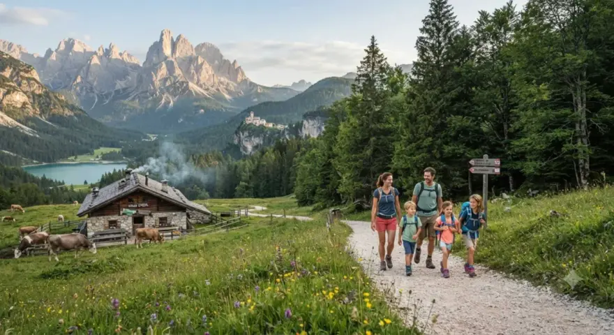Famiglia in un percorso di trekking facile tra prati fioriti e montagne maestose, con un rifugio alpino e mucche al pascolo.