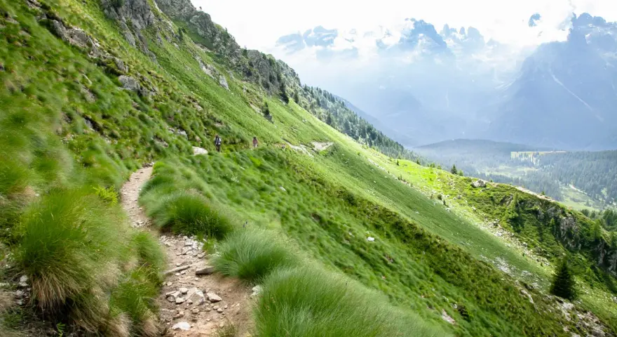 Sentiero nel **parco dell'Adamello**, con escursionisti su un crinale erboso e montagne sullo sfondo.