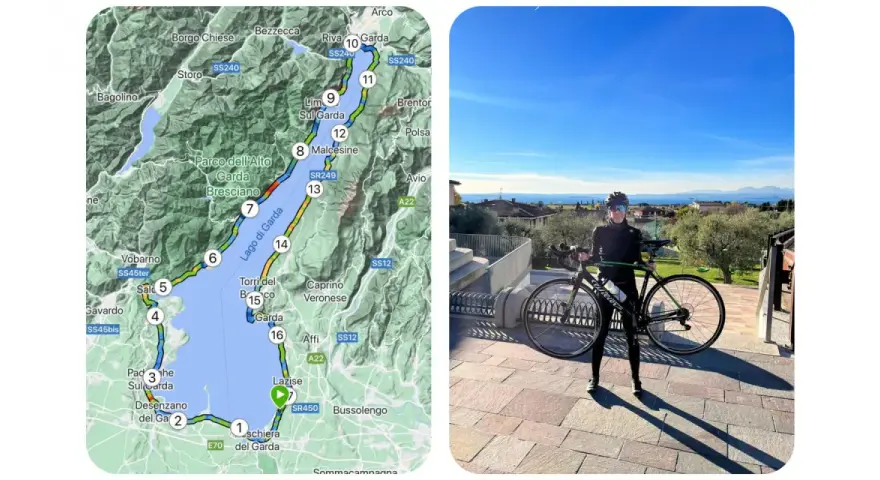 Mappa del giro del lago di Garda km, con ciclista e bici pronti all'avventura.