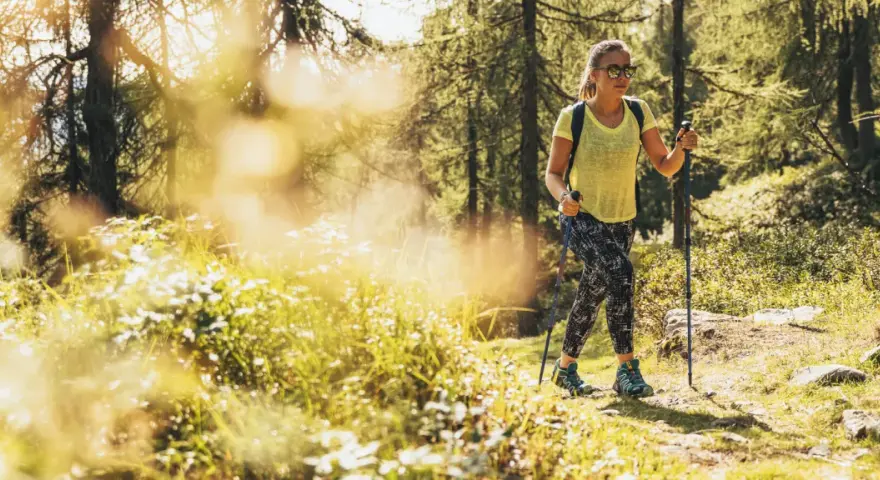 Una donna con bastoncini da trekking cammina su un sentiero soleggiato in Trentino, godendosi un facile trekking tra i boschi.