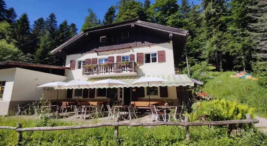 Rifugio alpino con tavoli all'aperto, ideale per rilassarsi dopo le ronzone passeggiate nel bosco.