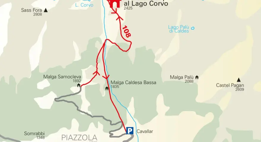 Sentiero 145 e 108 conducono al Rifugio Stella Alpina al Lago Corvo. Vicino si trova il Lago Palù di Caldes.