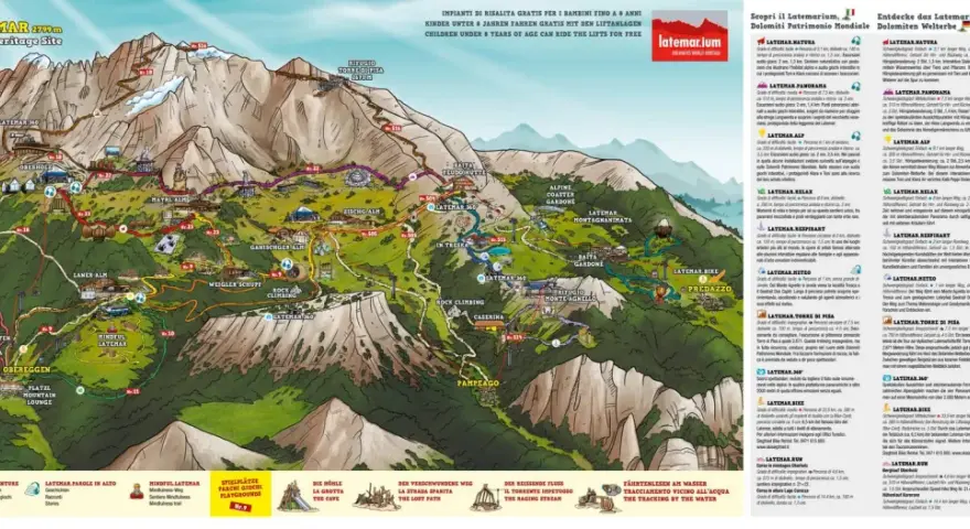 Mappa illustrata del Latemar, Patrimonio UNESCO, con sentieri, rifugi e attrazioni. Un'avventura tra le Dolomiti.