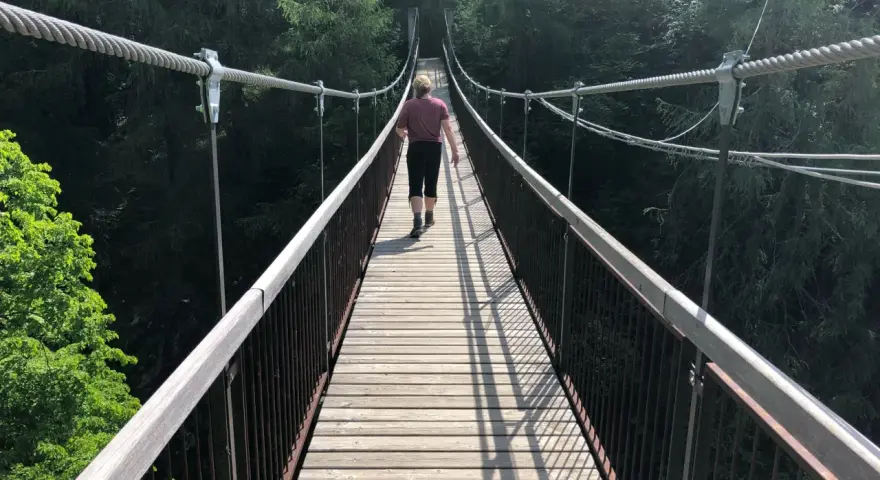 Una persona cammina su un **ponte tibetano** tra gli alberi delle **Dolomiti**.