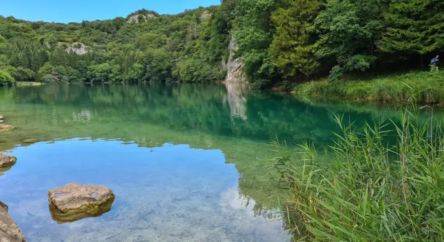 Acque cristalline del lago di Lavis riflettono la rigogliosa vegetazione. Rocce affiorano, un corridore si allena lungo la riva.