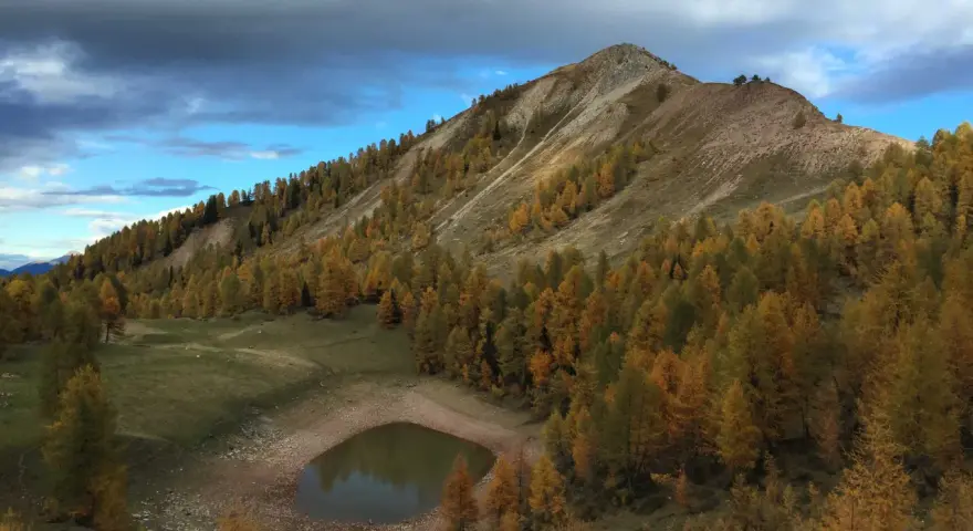 Autunno dorato sul lago delle salare, con larici color ocra che abbracciano la montagna e riflettono il cielo nuvoloso.