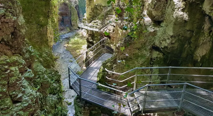 Sentiero metallico si snoda lungo un **canyon fondo**, con un ruscello che scorre tra rocce ricoperte di muschio.