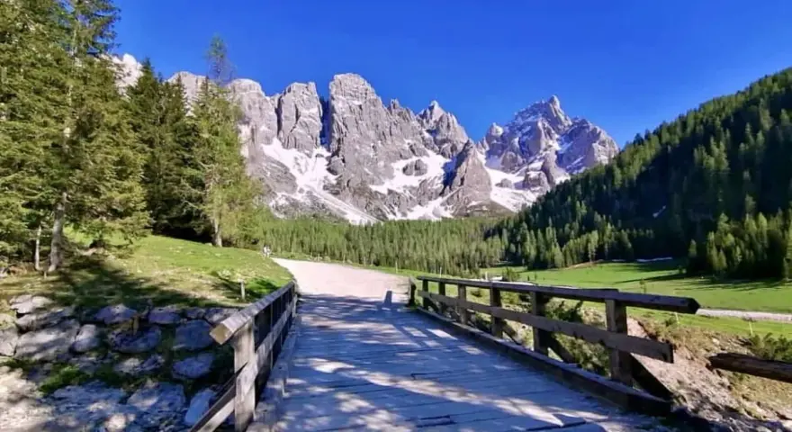 Ponte in legno su ruscello, sentiero per trekking Val Venegia, con montagne innevate e boschi verdi sotto un cielo azzurro.
