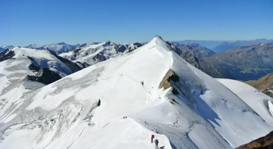 Alpinisti in cammino sulla cresta innevata del ghiacciaio Cevedale, con vette maestose sullo sfondo.