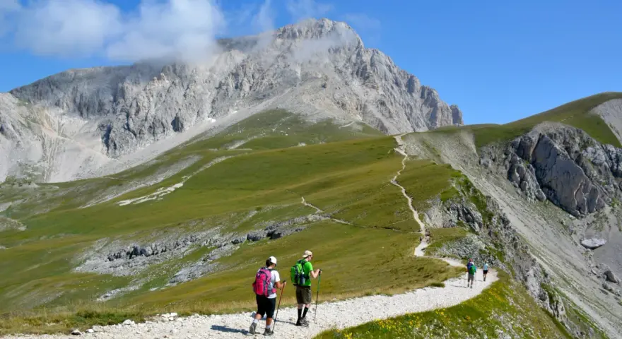 Escursionisti su sentiero ghiaioso, godendosi un **trekking più giorni Dolomiti** con vette imponenti e prati verdi.