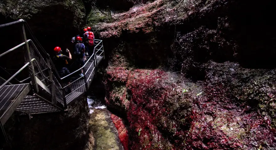Esploratori con caschi rossi percorrono una passerella metallica nel **canyon Rio Sass fondo**, tra rocce scure e rosse.