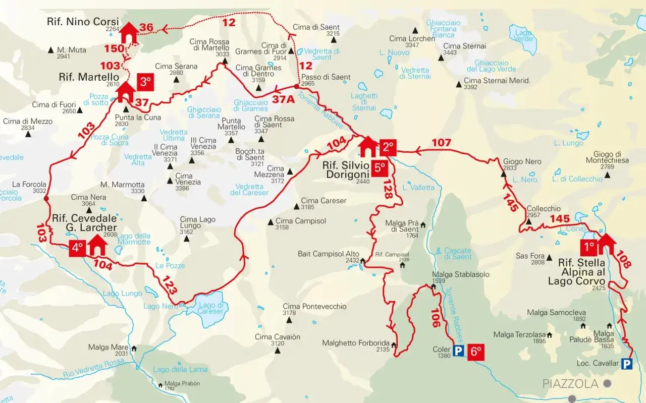 Mappa del Parco Nazionale dello Stelvio con sentieri per escursioni. Percorsi segnati in rosso, rifugi e cime evidenziati.