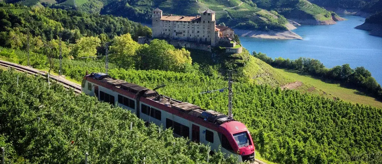 Un trenino panoramico trentino sfreccia tra vigneti rigogliosi, con un castello medievale e un lago azzurro sullo sfondo.