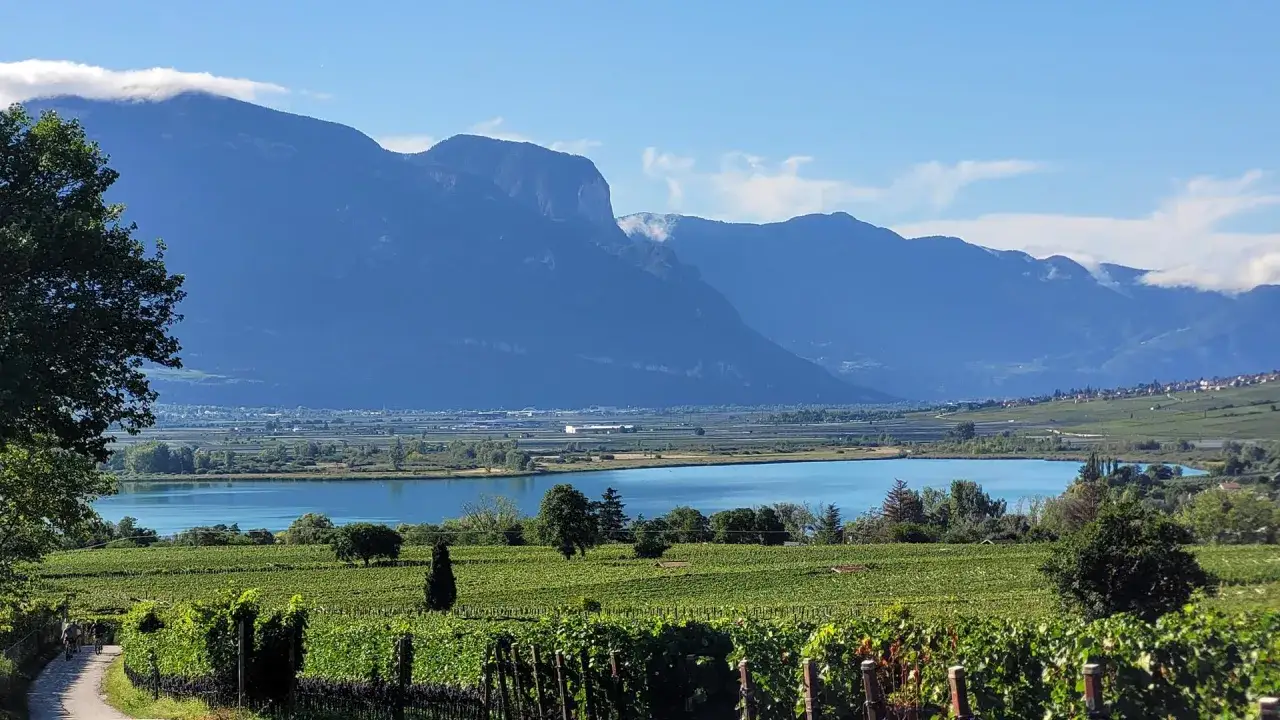 Vigneti rigogliosi abbracciano il lago di Cavareno, specchio azzurro ai piedi di maestose montagne azzurre.