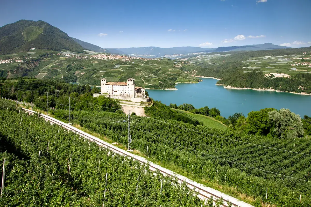Castello medievale domina il lago di Santa Giustina, circondato da rigogliosi vigneti e montagne verdi.