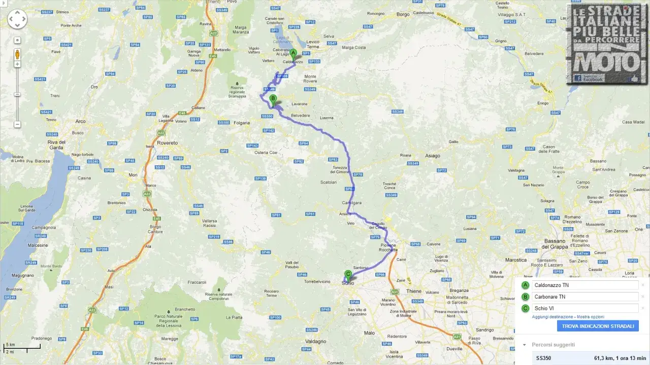 Mappa del passo della Fricca con itinerario da Caldonazzo a Schio.