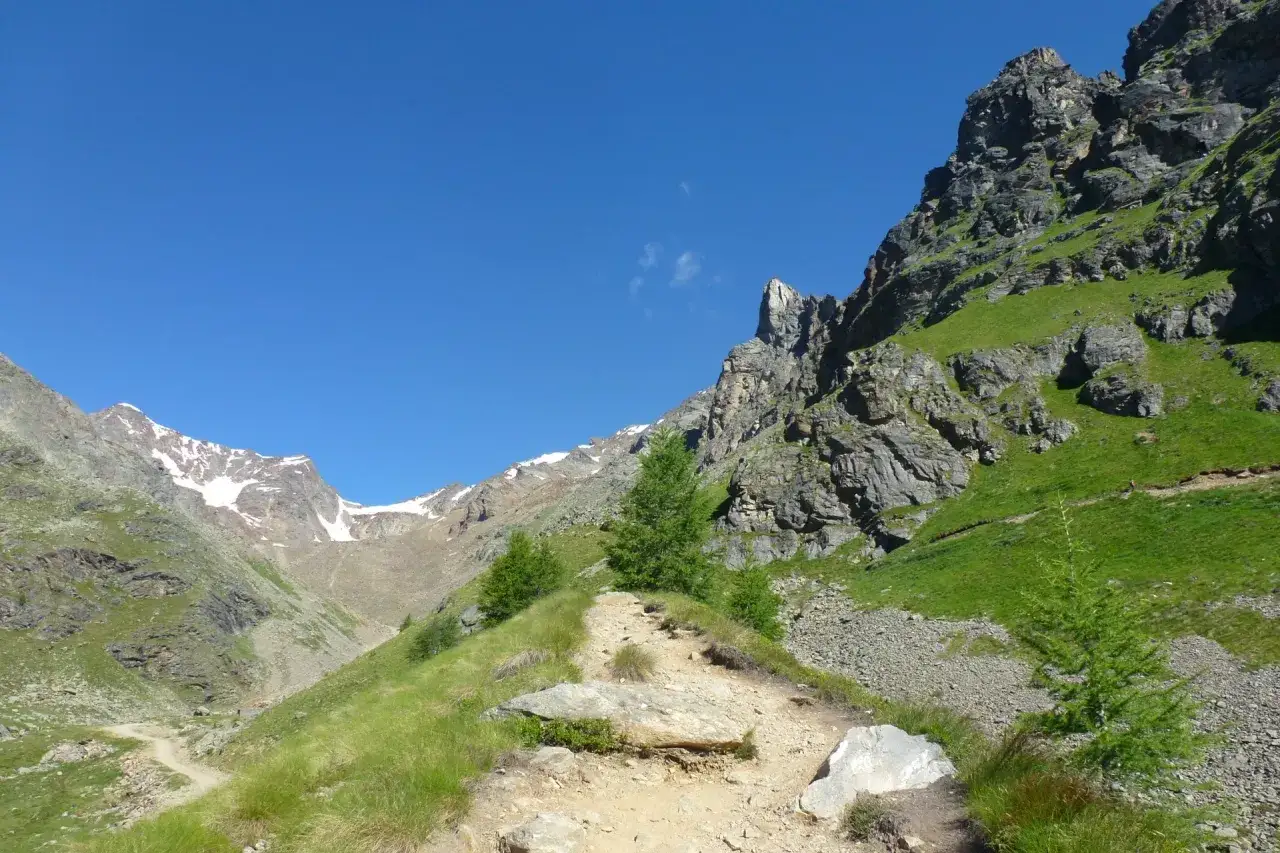 Sentiero roccioso verso la punta Linke, con montagne innevate e cielo azzurro.