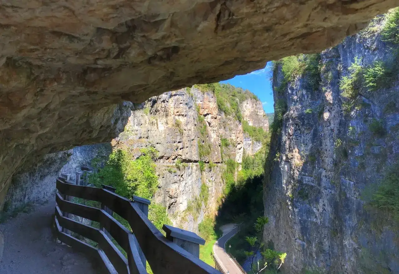 Sentiero panoramico scavato nella roccia, con vista su gole e montagne verdi. Un luogo suggestivo vicino a San Romedio.