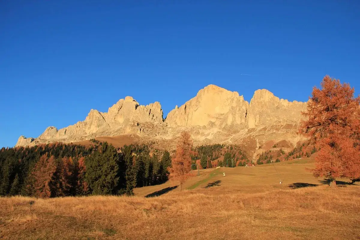 Panorami autunnali al passo Costalunga, con montagne imponenti e larici colorati che creano un paesaggio mozzafiato ad alta altitudine.