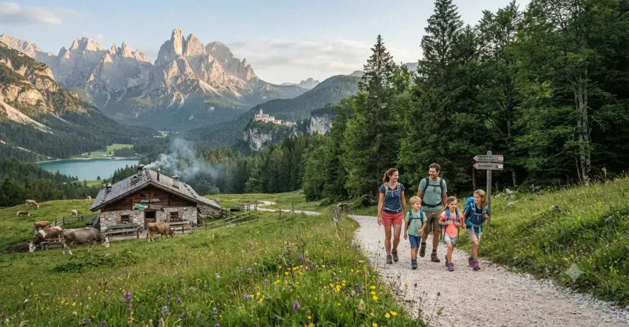 Famiglia felice su sentieri per camminare tra prati fioriti, montagne maestose e un rifugio alpino.