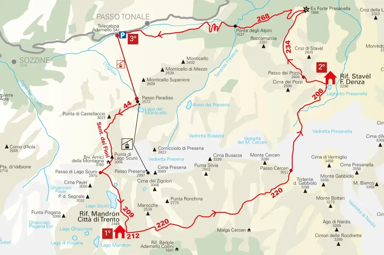 Mappa del trekking Adamello: sentieri, rifugi e cime tra Passo Tonale e Presanella.