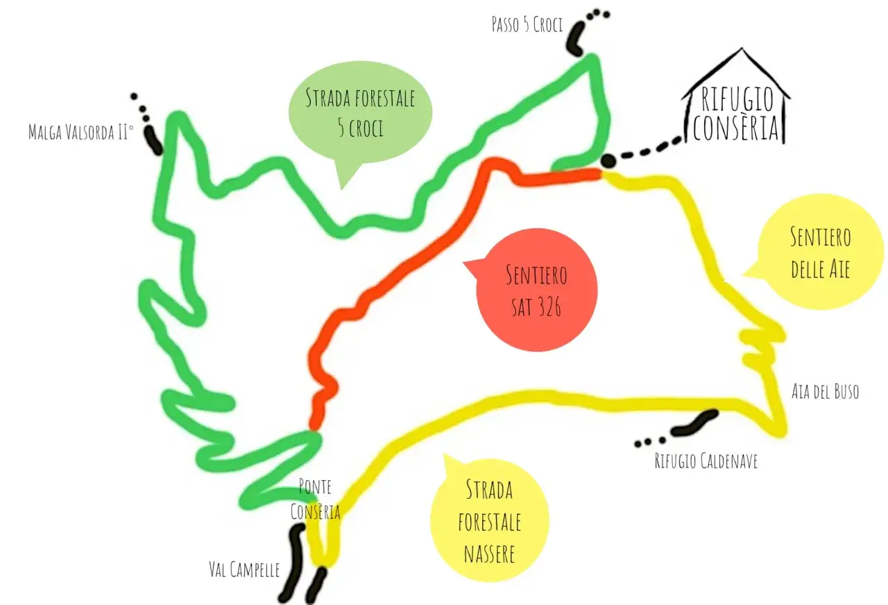 Mappa sentieri Val Campelle: sentiero SAT 326, Strada Forestale Nasser, Rifugio Conseria. Come arrivare.