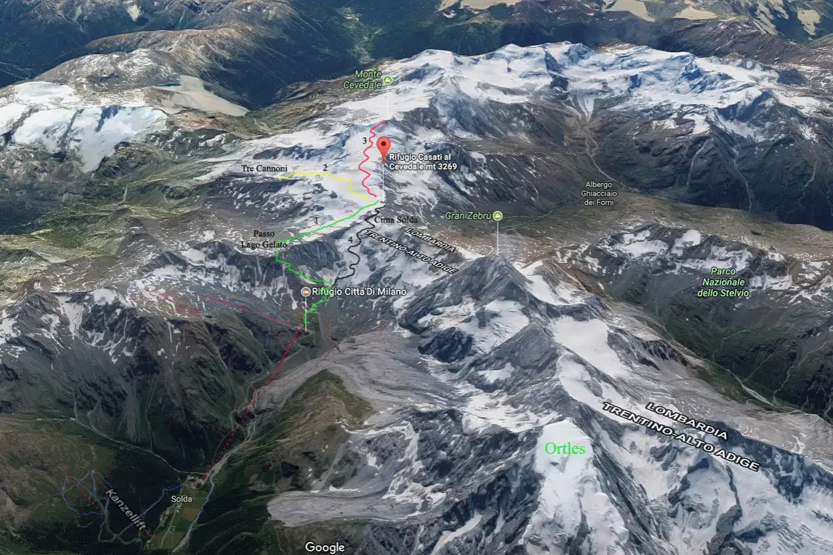 Mappa satellitare del ghiacciaio Cevedale, con sentieri segnati e rifugi come Casati e Citt&agrave; di Milano.