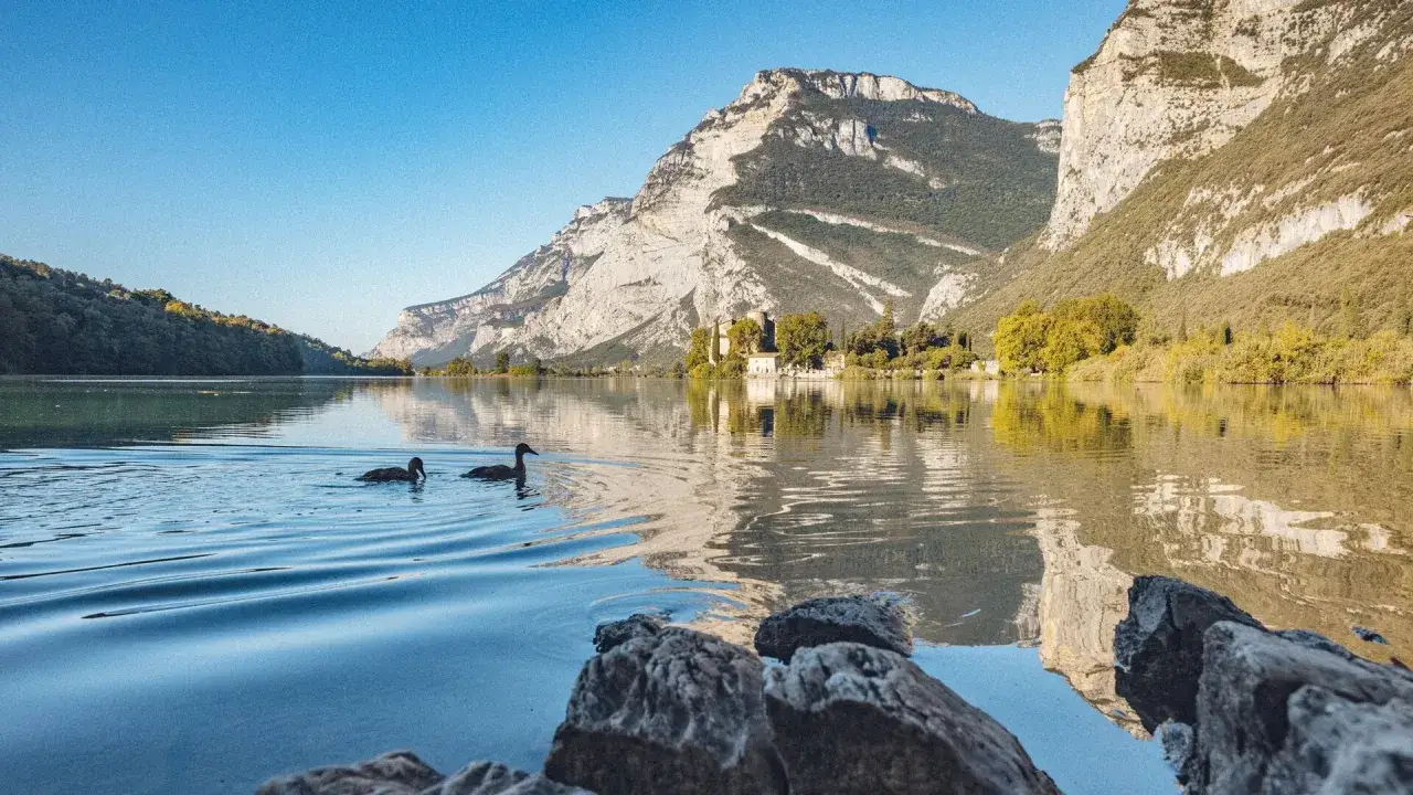 Due anatre nuotano tranquille su un lago alpino, con montagne maestose e un castello sullo sfondo. Un paesaggio del Trentino da scoprire.