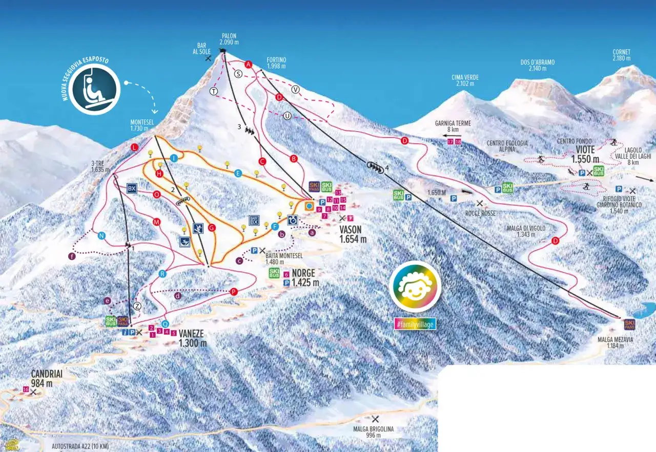 Mappa delle piste da sci del Passo Bondone, con sentieri, rifugi e impianti di risalita.