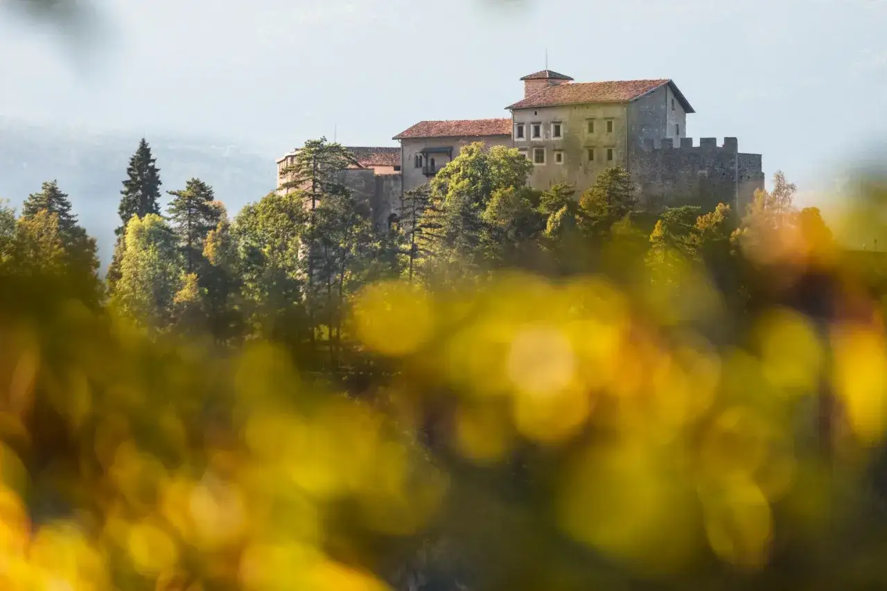 Castello medievale tra alberi autunnali, un'atmosfera magica che ricorda la sagra della ciuiga.