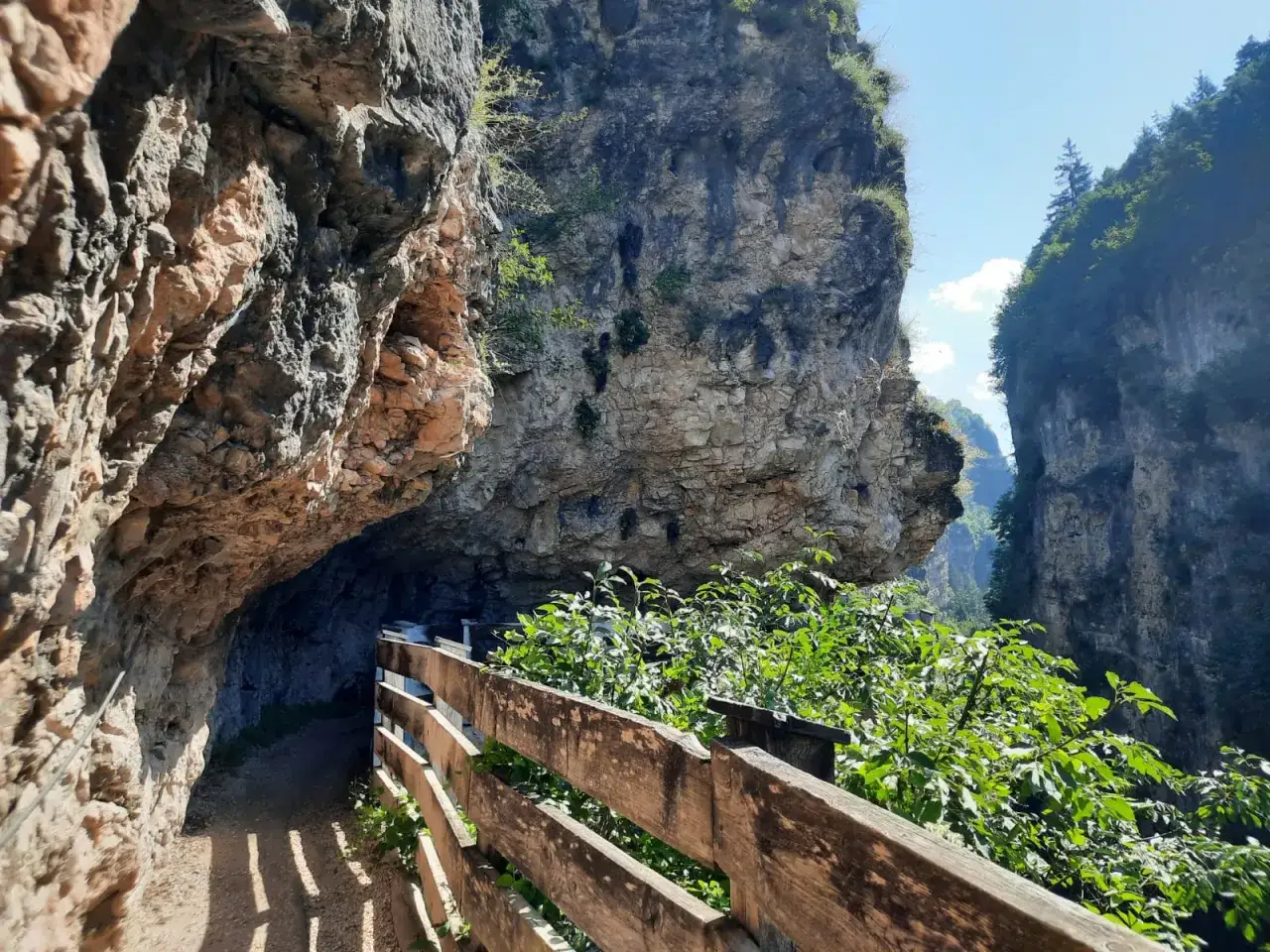 Sentiero scavato nella roccia vicino a Sanzeno, con una staccionata in legno e vegetazione rigogliosa che conduce verso il Santuario di San Romedio.