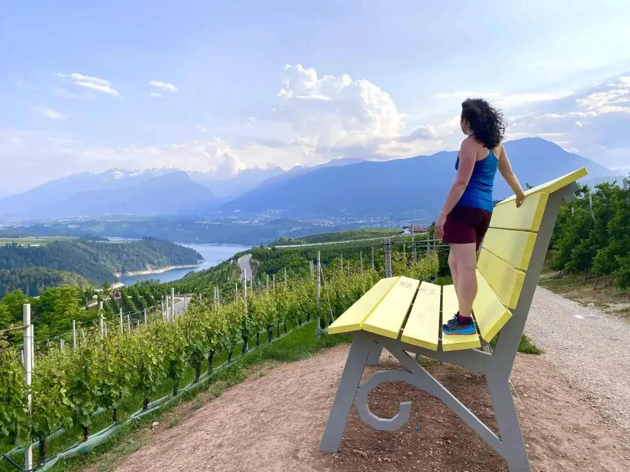 Una donna ammira il panorama da una panchina gialla gigante, circondata da vigneti e montagne.