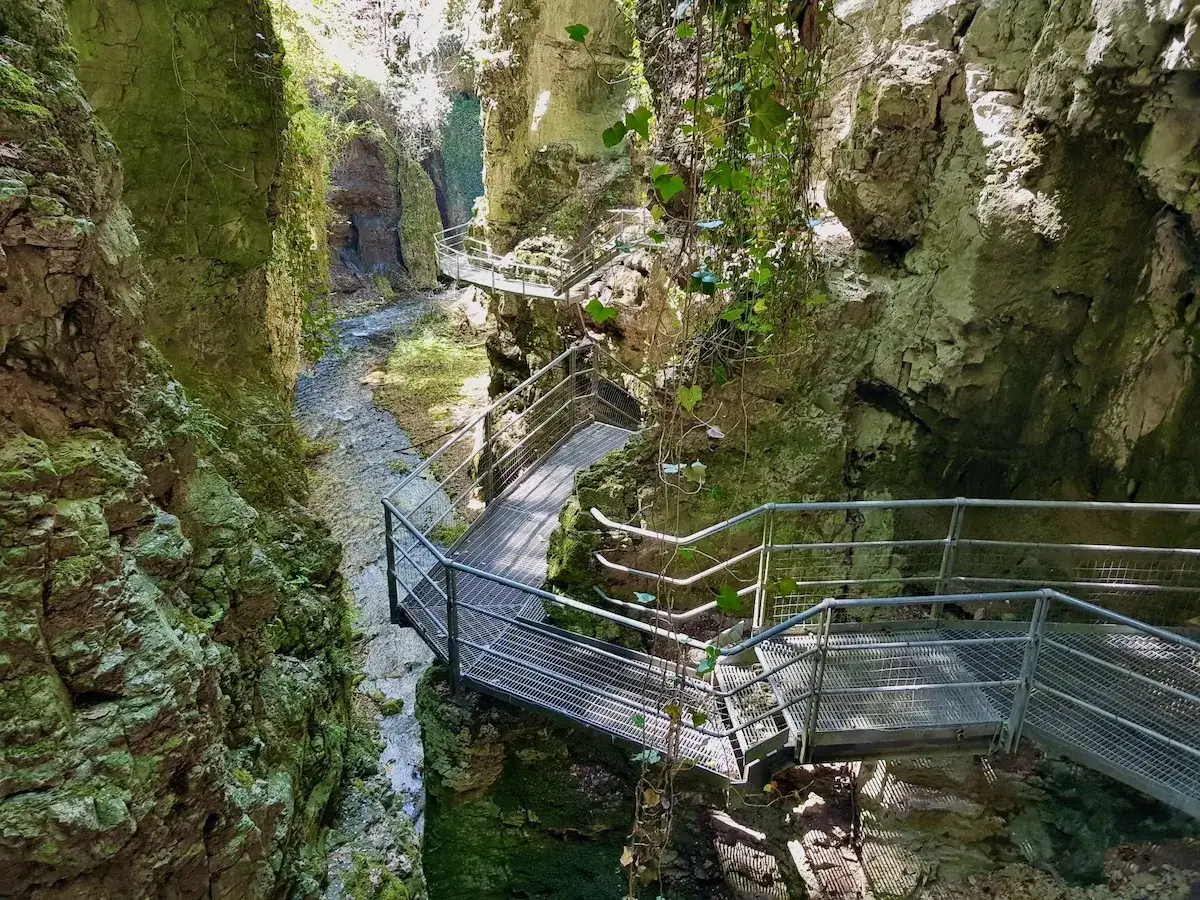 Sentiero metallico si snoda nel canyon fondo, tra rocce verdi e un ruscello che scorre.