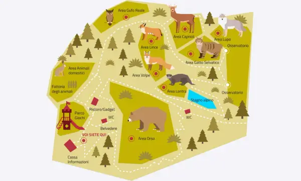 Mappa illustrata di Spormaggiore: scopri le aree degli animali, il parco giochi, il ristoro e gli osservatori. Cosa vedere per un'avventura nella natura!