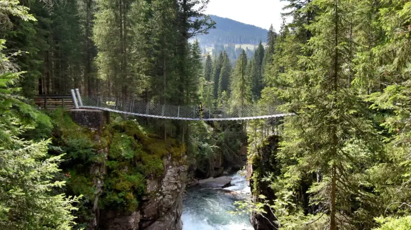 Un ciclista attraversa un avventuroso ponte tibetano sospeso su un torrente impetuoso, circondato da una fitta foresta alpina.