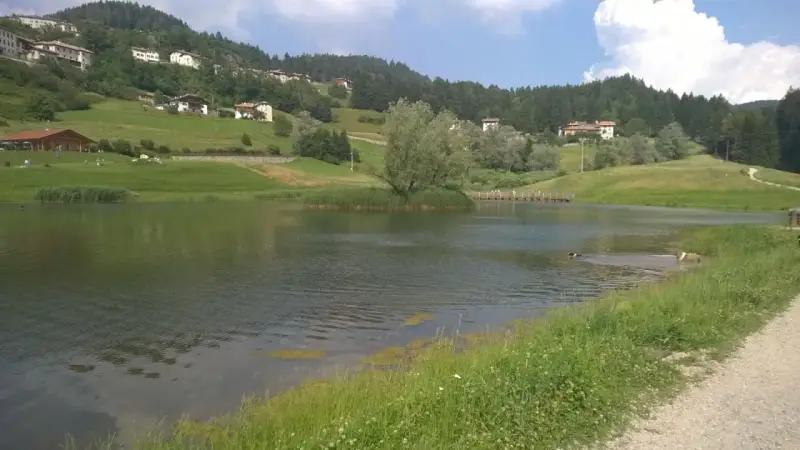 Il lago di Cavareno, con le sue acque tranquille, fa da specchio alle case sui pendii verdi e ai boschi. Due cani giocano felici nell'acqua.