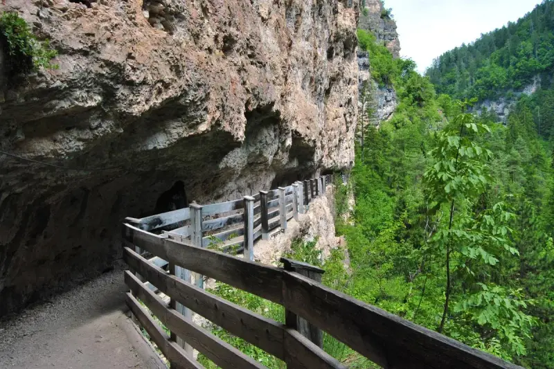 Sentiero a San Romedio scavato nella roccia, con passerella in legno e vista sulla valle boscosa.