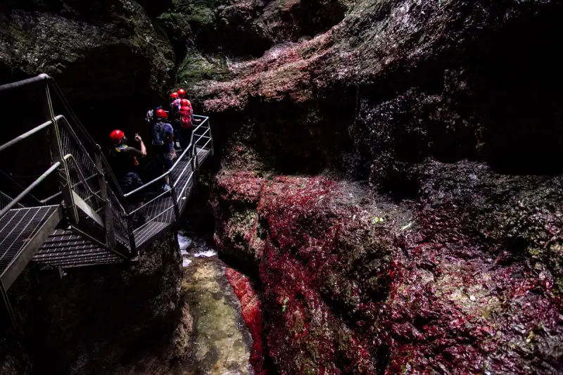 Esploratori con caschi rossi percorrono una passerella metallica nel **canyon Rio Sass fondo**, tra rocce scure e rosse.